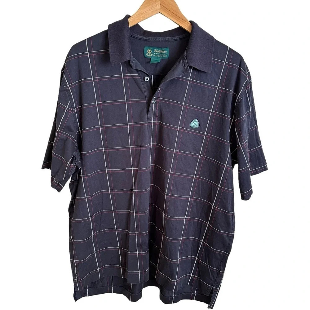 Brooks Brothers Mens Large St Andrew’s Links Blue Cotton Polo Shirt Grid Plaid L